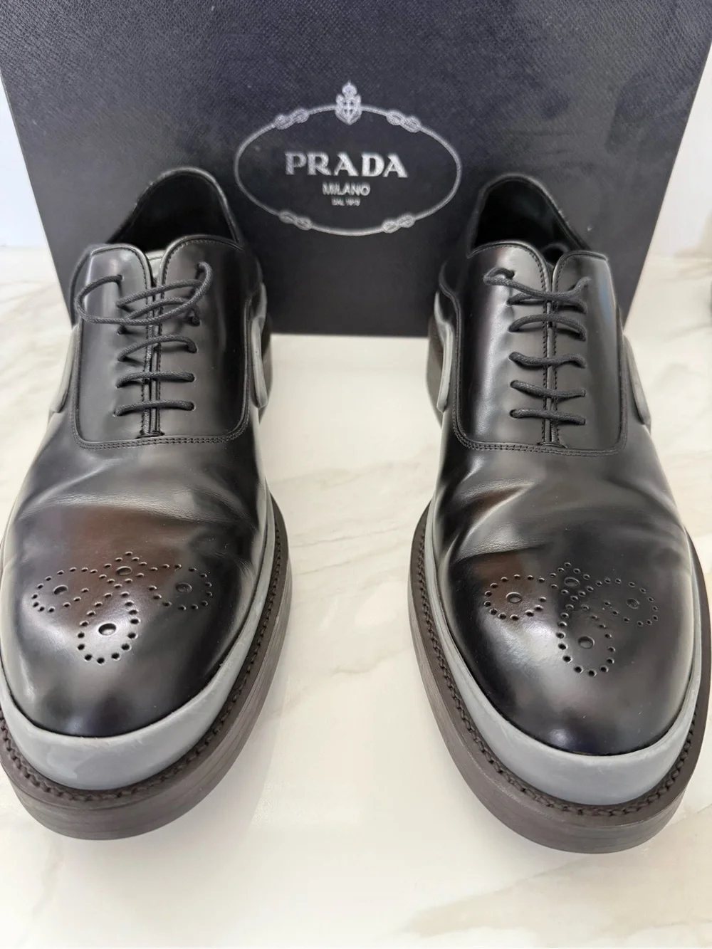 NIB Prada Runway Two-Tone Leather Derby Shoes Black/Grey Size 10.5